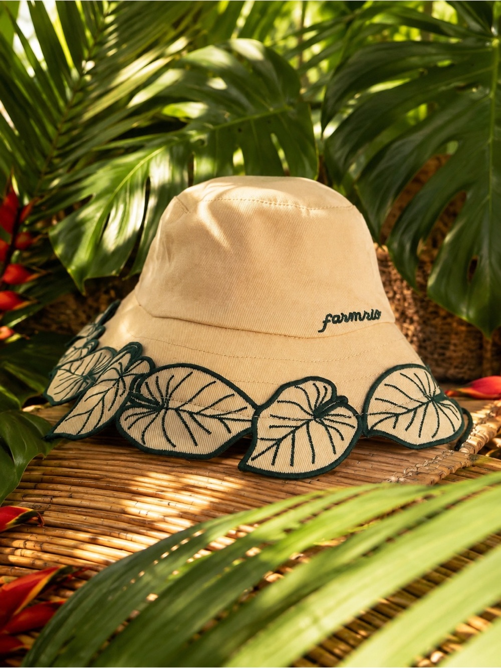 FARM Rio Beige Bucket Hat with Green Leaf Trim